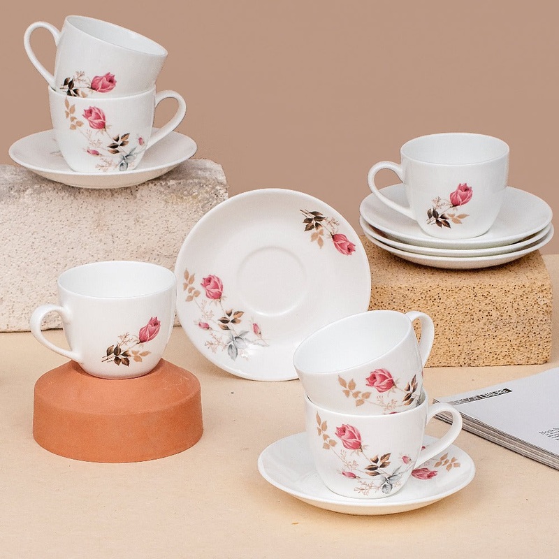 Clay Craft Ceramic Floral Printed Cup & Saucer Set | 180 ML | Set of 12 Pcs