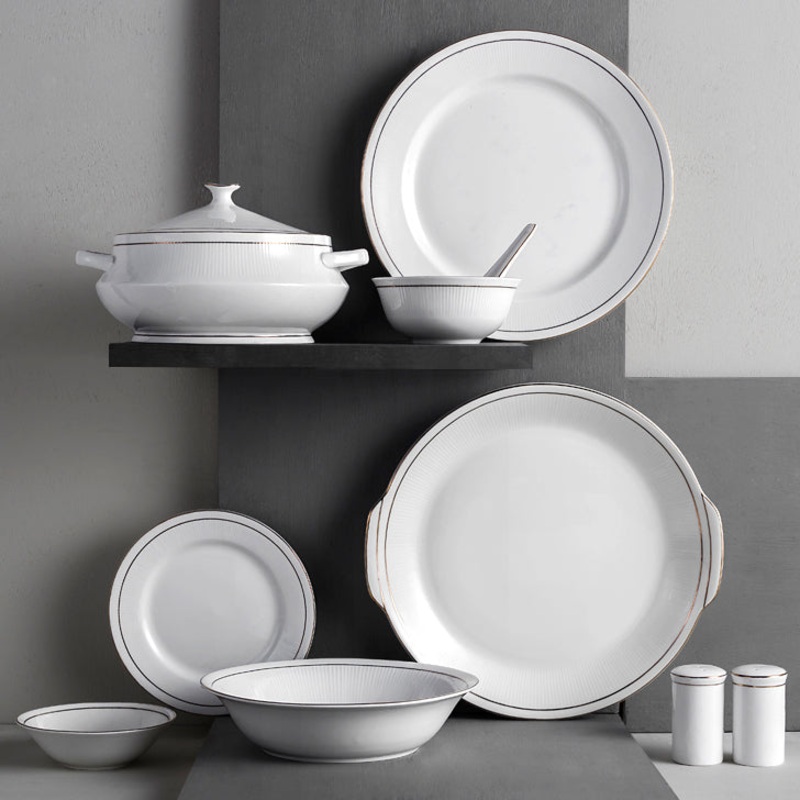 Clay Craft Ceramic Mona Elegant Goldline Dinner Set | White | Set of 38 Pcs