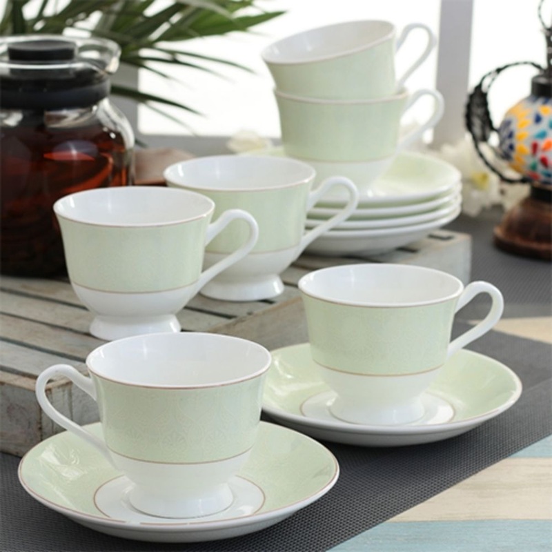 Clay Craft Ceramic New Georgian Printed Cup & Saucer Set | 210 ML | White & Green | Set of 12 Pcs