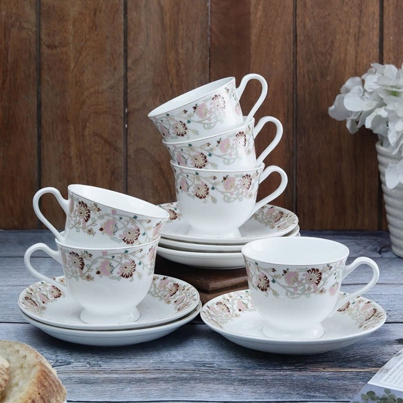 Clay Craft Ceramic New Georgian Wildflower Cup & Saucer Set | 180 ML | Set of 12 Pcs