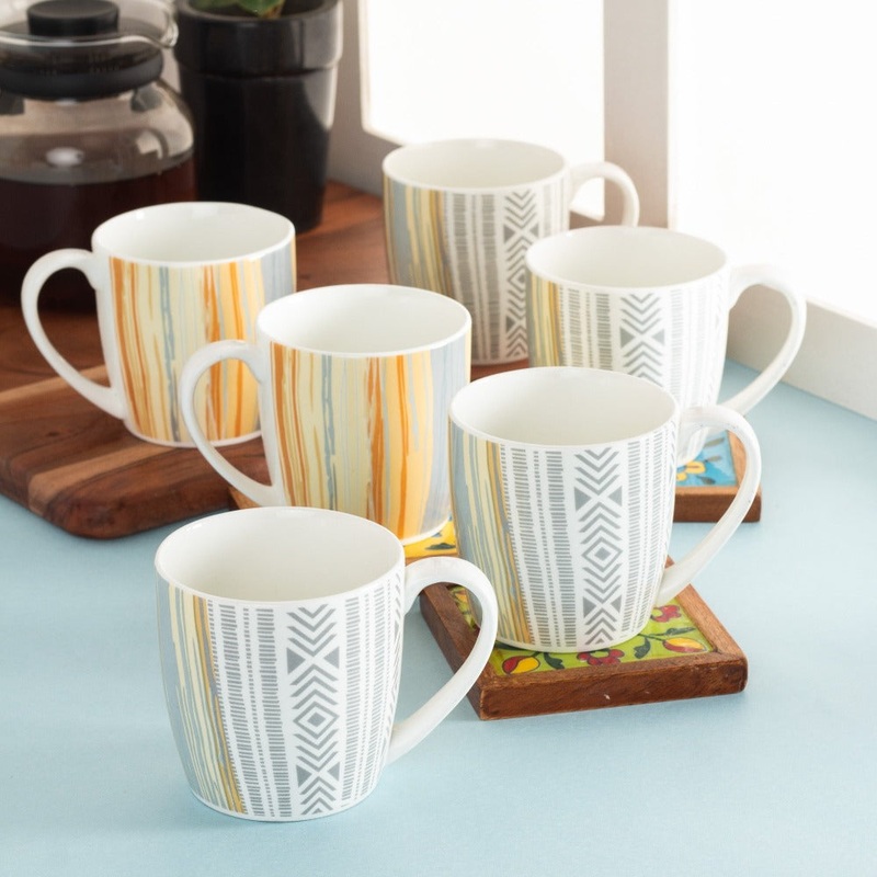Clay Craft Ceramic Striped 180 ML Coffee & Tea Mug Set | Microwave Safe | Set of 6 Pcs