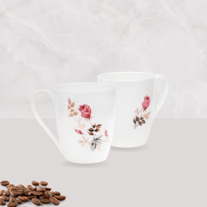 Clay Craft Floral Printed 320 ML Coffee & Milk Mug Set | Microwave Safe | White | Set of 2 Pcs