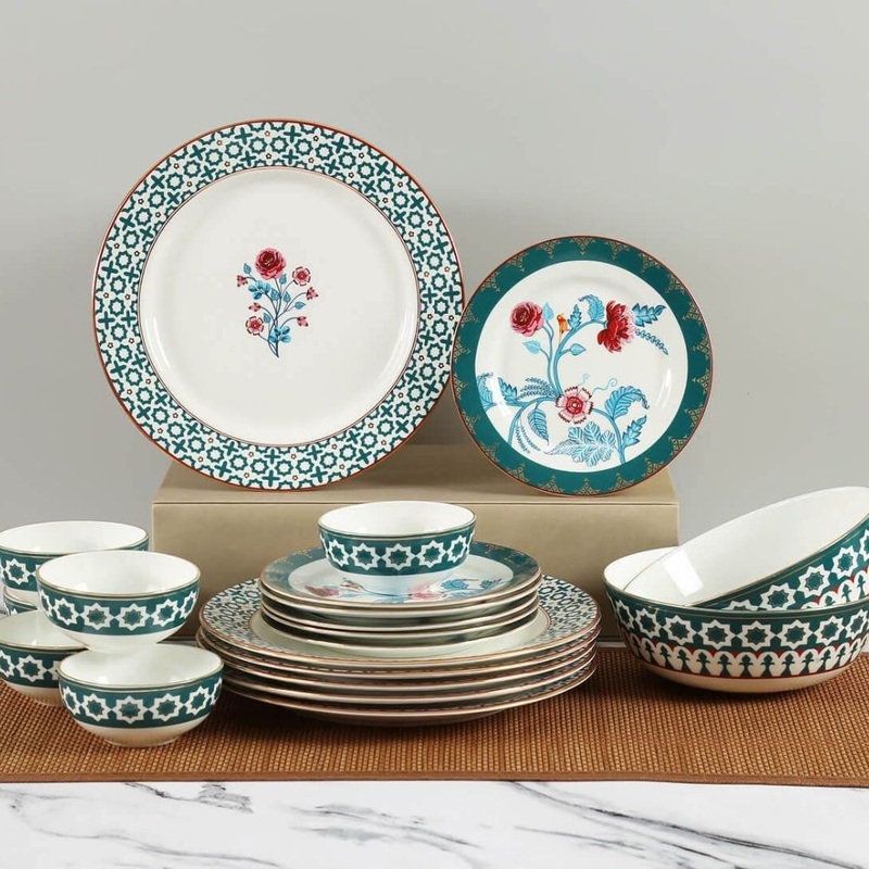 India Circus Ceramic Floral Marine Opulence Dinner Set | Premium 22K Liquid Gold | Set of 20 Pcs