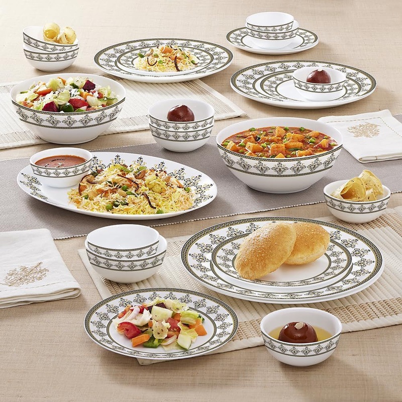 Larah by Borosil - Kohinoor Series Syrah Opalware Dinner Set | White | Set of 27 Pcs