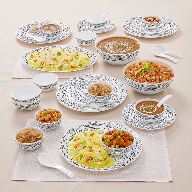 Larah by Borosil - Moon Series Milky Way Opalware Dinner Set | White | Set of 33 Pcs
