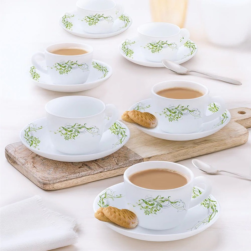 Larah by Borosil Opalware Erba Cup and Saucer Set | 140 ML | Set of 12 Pcs