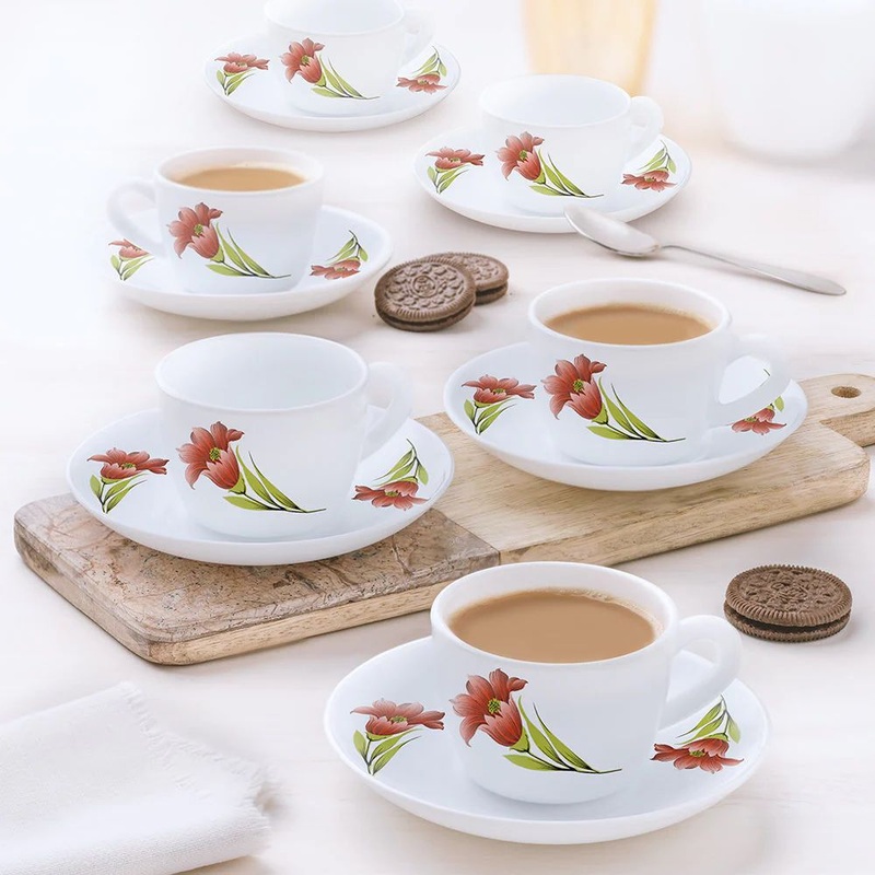 Larah by Borosil Opalware Red Iris Cup and Saucer Set | 140 ML | Set of 12 Pcs