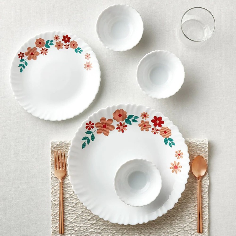 Larah by Borosil - Silk Series Opal ware Dinner Set | White | Set of 35 Pcs