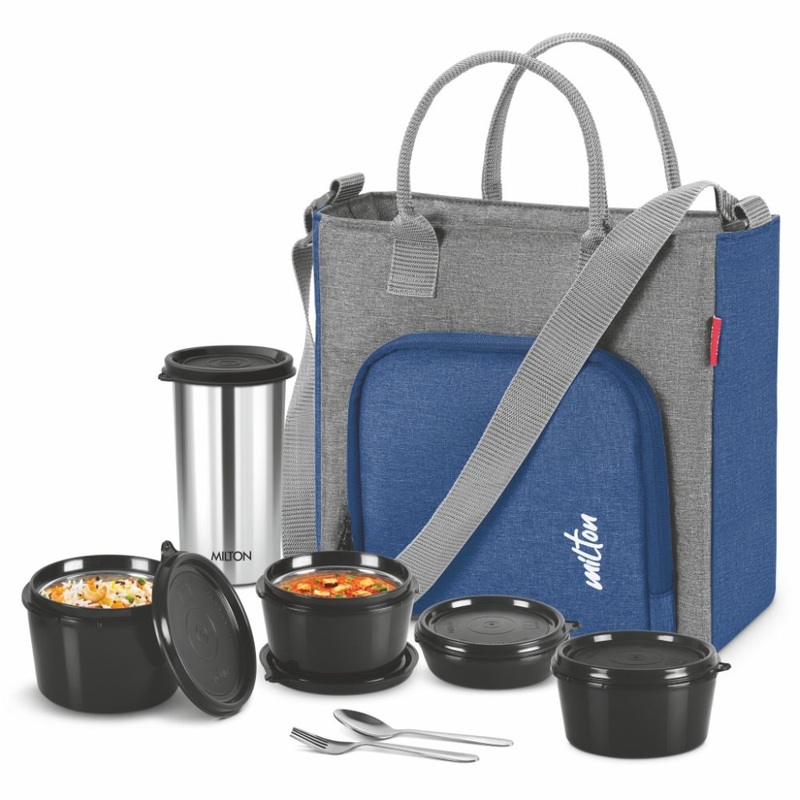 Milton Style Mate Tiffin with 4 Container + 1 Steel 400 ML Tumbler + 1 Steel Spoon and 1 Fork | Insulated Jacket | Set of 8 Pcs