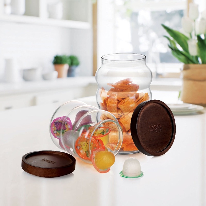 Treo Borosilicate Belly 500 ML Storage Glass Jar with Wooden Lid | Transparent | Set of 2 Pcs