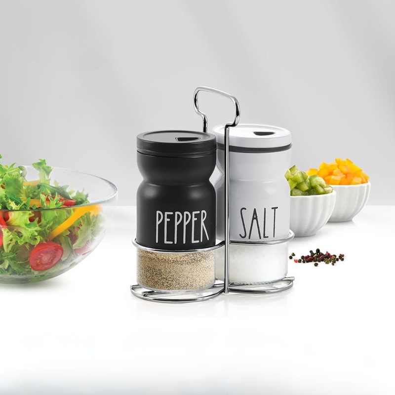 Treo Zesty Salt N Pepper Jar Set with Stand | Black & White