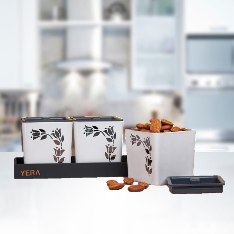 Yera Glass Stella Jars with Tray | White & Grey | Set of 4 Pcs