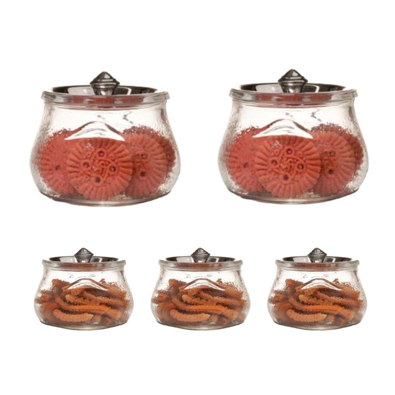 Yera Indiana Steel Handi Combination Gift Set | Glass Storage Jar with Steel Lid | Transparent | Set of 5 Pcs