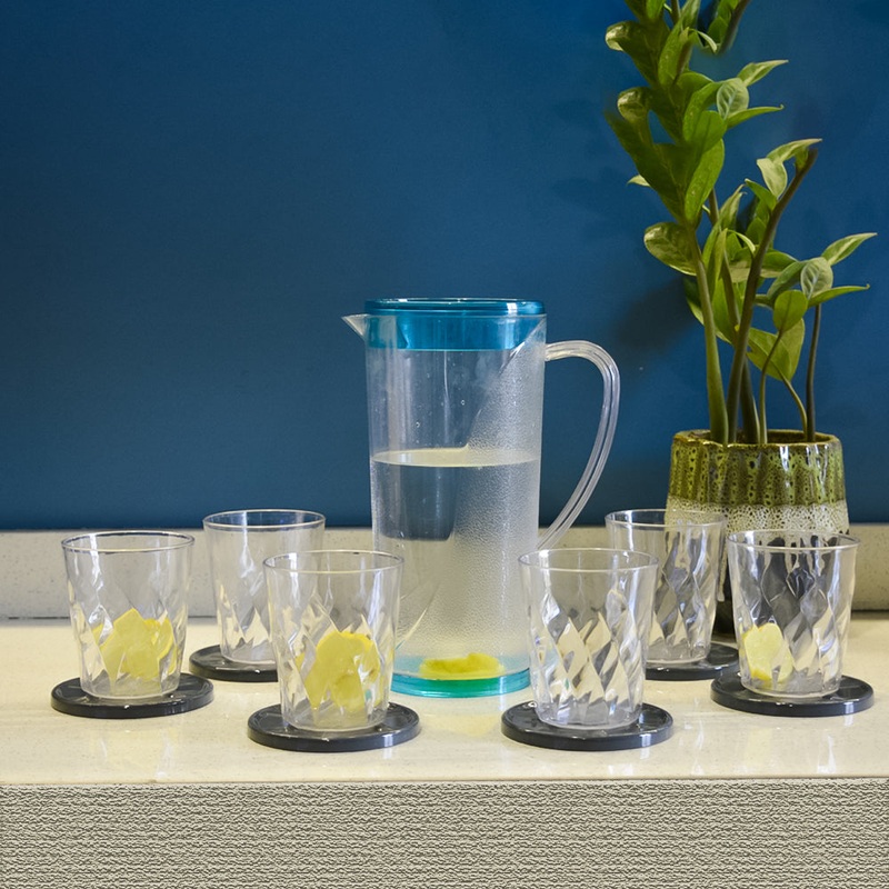 Classy Touch Plastic 7 in 1 Round Jug Tumbler Set | Transparent | Set of 7 Pcs