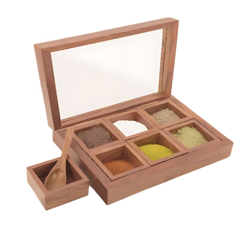 KVG Handcrafted Rose Wood Rectangular Shaped Spice Box with See-Through Glass Lid | 6 Containers and 1 Spoon | Brown