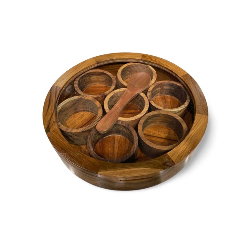 KVG Handcrafted Rose Wood Round Spice Box with See-Through Glass Lid | 7 Containers and 1 Spoon | Brown