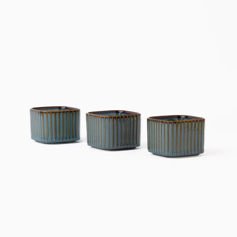 Rena Porcelain Teal Cube Shape Dip Bowl Set | Teal Blue | Set of 3 Pcs
