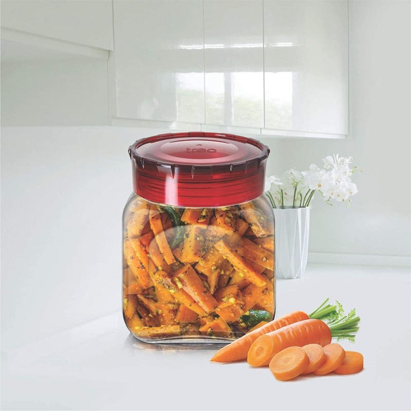 Treo Square Glass Storage Jar with Red Lid | Transparent | 1 Pc
