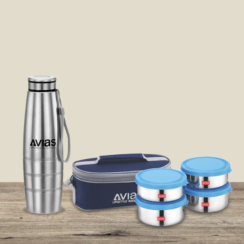 AVIAS Office Freshia H4 Tiffin with 4 Container + Premia Stainless Steel 1000 ML Bottle | Insulated Jacket | Set of 5 Pcs