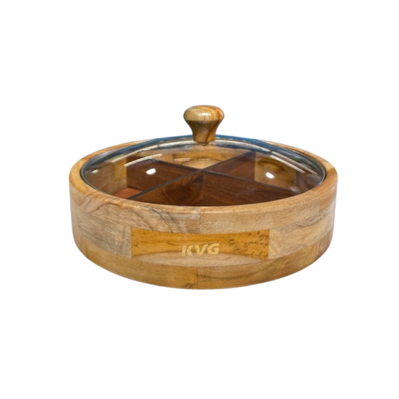KVG Handcrafted Teak Wood Spice Box with Glass Lid | Dry Fruit Box | 4 Containers | Brown
