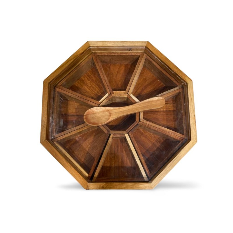 KVG Handcrafted Wooden Hexagon Shaped Spice Box with See-Through Glass Lid | 9 Containers and 1 Spoon | Brown
