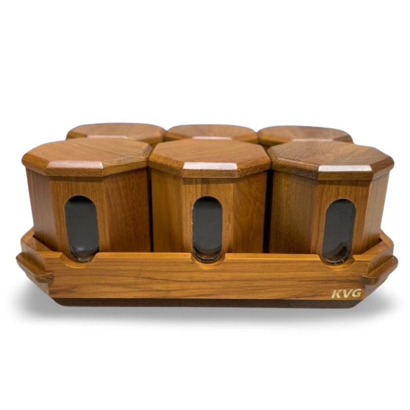KVG Teak Wood Hax 6 Pcs Mukhwas Container With Tray | Brown