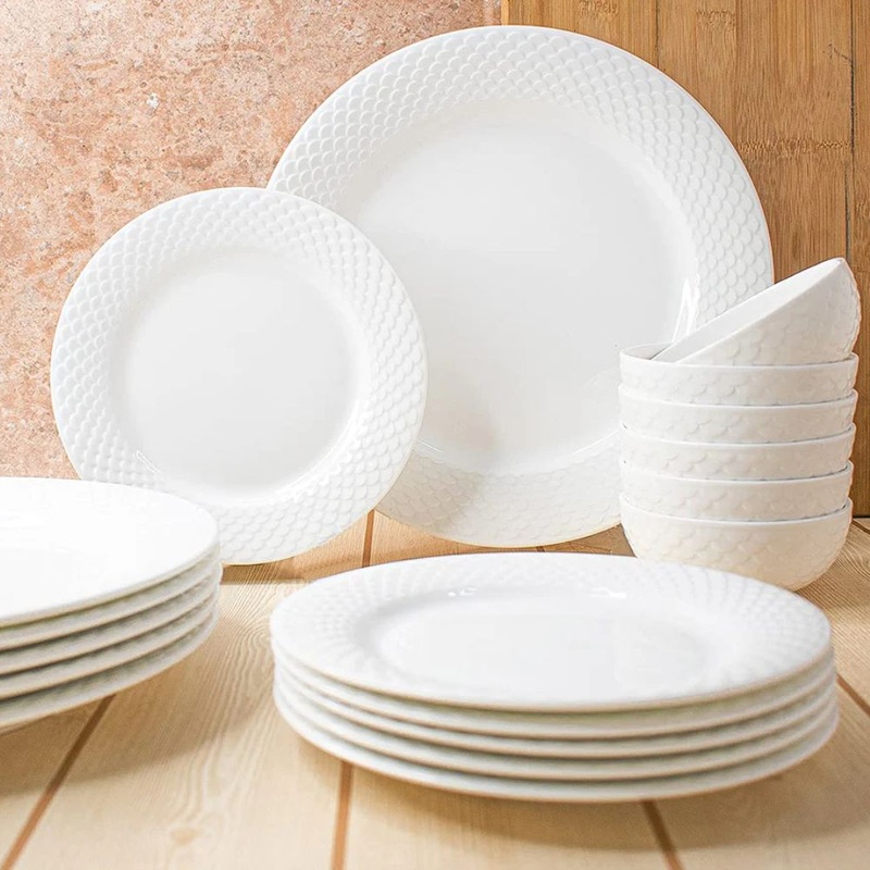 Ripple Ceramic Georgian Plain White Dinner Set | Set of 18 Pcs
