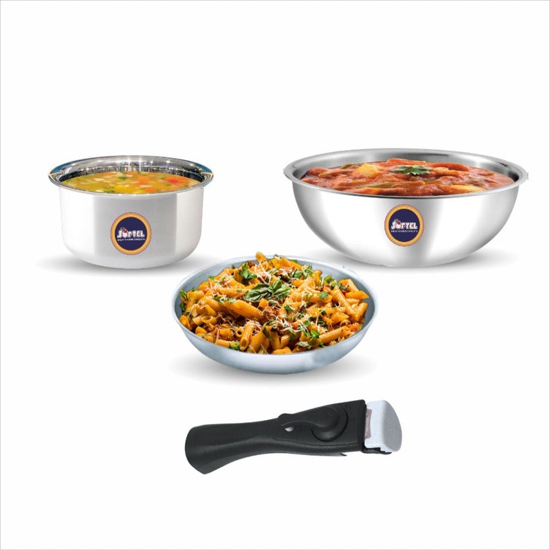 Softel Tri-Ply Cookware Combo with Removable Handle (22 cm Tasla + 24 cm Fry Pan + 1.5 Litre Sauce Pan + Removable Handle) | Gas & Induction Compatible | Set of 4 Pcs
