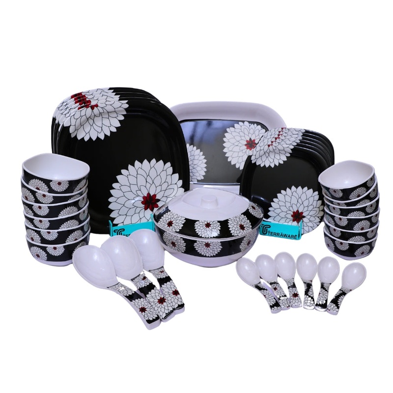 Terraware Melamine Black Magic Square Dinner Set | Set of 31 Pcs