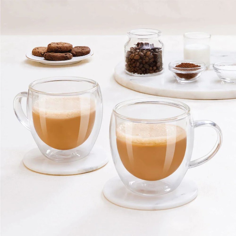 Borosil Java 300 ML Double Wall Glass Mug | Transparent | Set of 2 Pcs