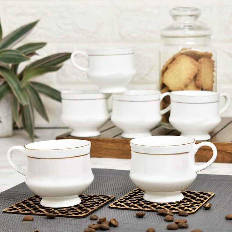 Clay Craft Ceramic Mona 210 ML Coffee & Tea Mugs with 22K Gold Line | White | Set of 6 Pcs