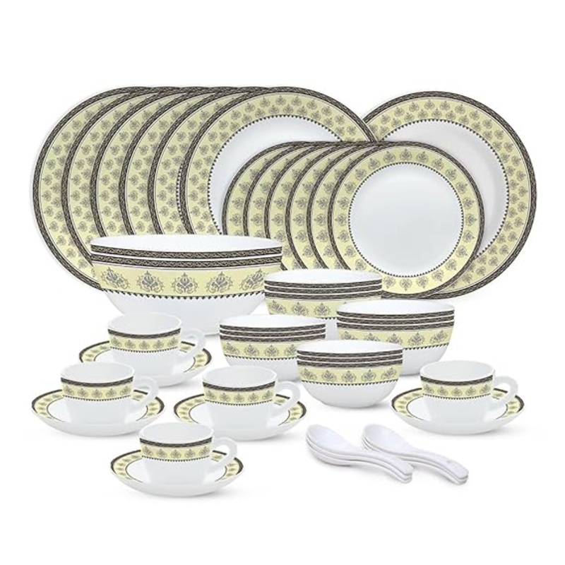 Larah by Borosil - Amber Kohinoor Series Opalware Dinner Set | Set of 45 Pcs