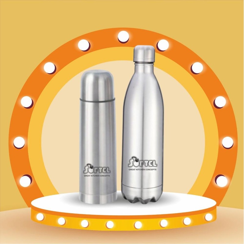 Softel Dual Delight Bottle and FlaskSet - Softel Stainless Steel 1000 ML Vacuum Bottle + Softel Thermosteel 500ml Vacuum Flask