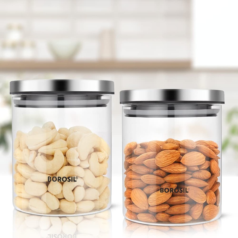Borosil Classic 600 ML Glass Storage Jar | Transparent | Set of 2 Pcs