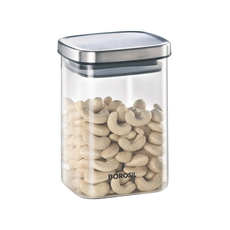 Borosil Classic Square 1000 ML Glass Storage Jar | Transparent | 1 Pc