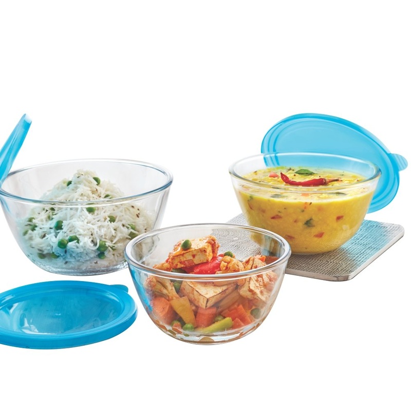 Borosil Glass Mixing Bowl with Blue lid - Set of 3 (500 ML + 900 ML + 1.3L) Oven and Microwave Safe