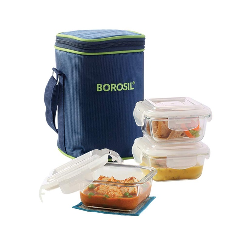Borosil Microwavable 3 Containers Borosilicate Glass Lunch Box | Set of 3 Pcs