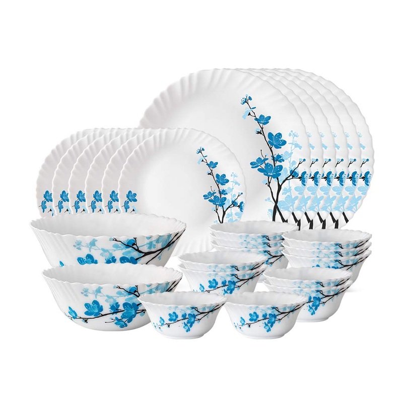 Larah by Borosil Mimosa Opalware Dinner Set | White & Blue | Set of 26 Pcs