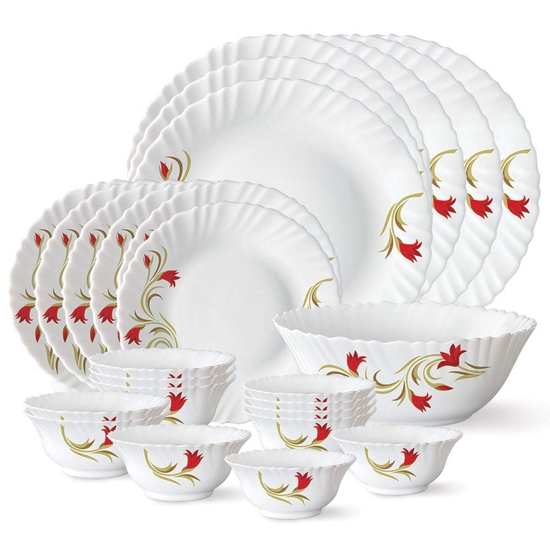 Larah By Borosil Red Lily Opalware Glass Dinner Set, 25-Pieces, White