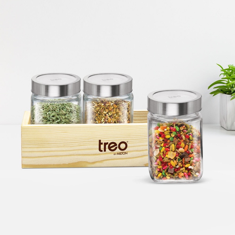 Treo Cuwood Storage Jar with Wooden Tray | Set of 3 Pcs