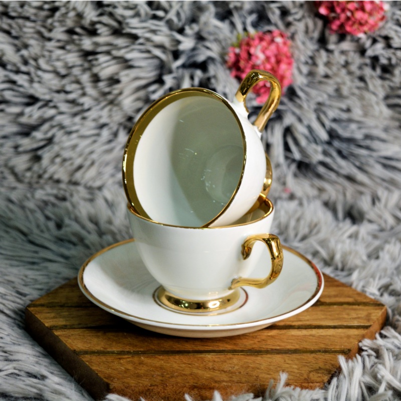 Oasis Italian Cup Saucer Set | 120 ML | White & Gold | Set of 12 Pcs