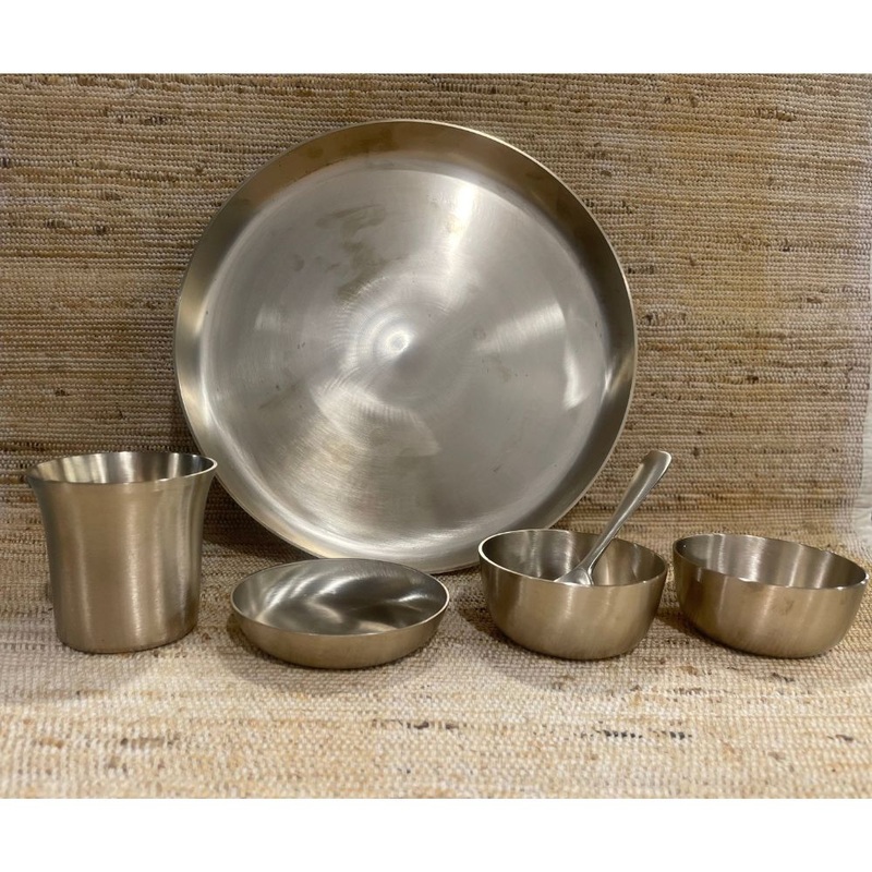 6 Pcs Bronze Dinner Thali Set | Kansa Set | Golden | Set of 6 Pcs