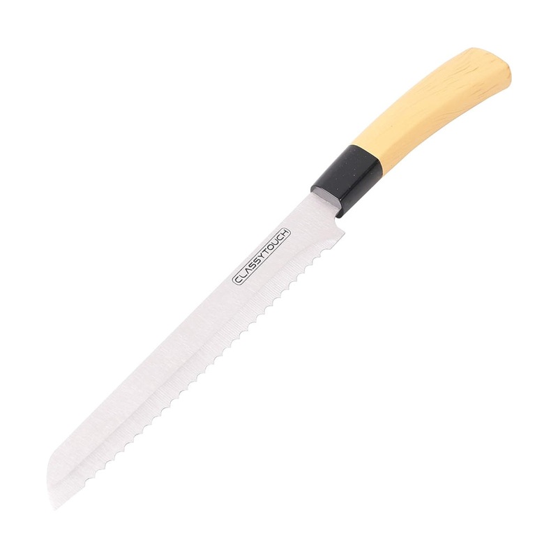 Classy Touch Stainless Steel Bread Knife with Wood Textured ABS Plastic Handle | Cream