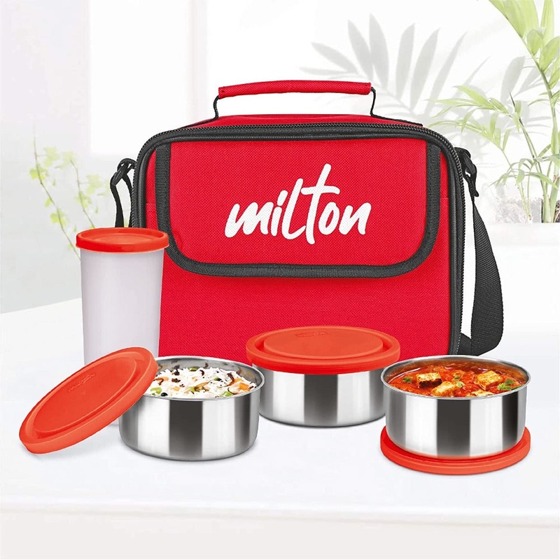 Milton Steel Combi Lunch Box with 3 Containers and 1 Tumbler with jacket | Light Weight | Microwave Safe