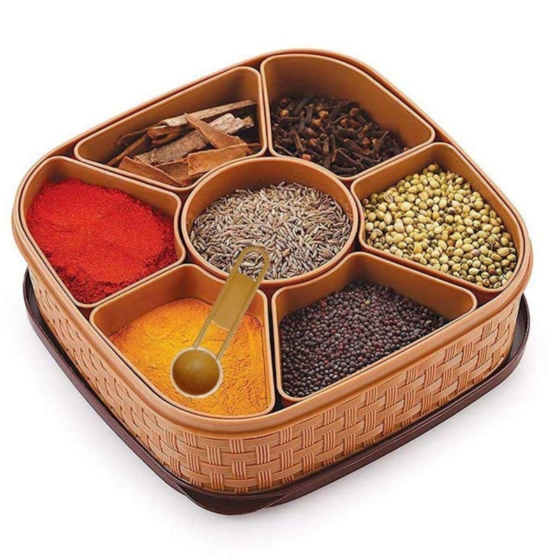 Plastic Square Titan Masala Box with 7 Removable Containers | Brown & Cream