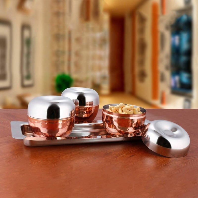 Plata Volga Stainless Steel Copper Hammered Canister Set with Stainless Steel Tray | Set of 4 Pcs