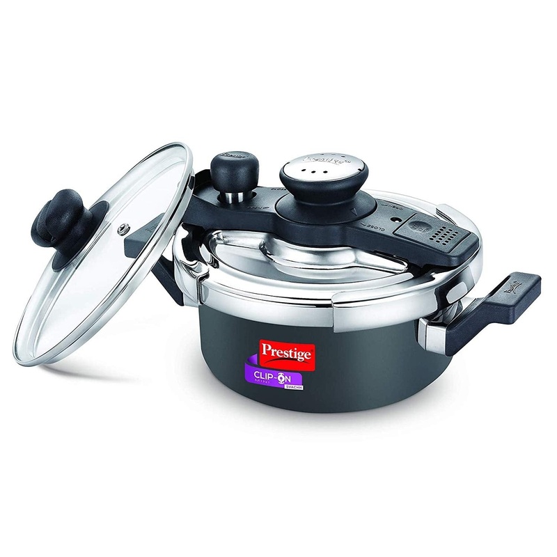 Prestige Clip-on Mini Svachh Hard Anodised Aluminium Pressure Cooker with Glass Lid | Black
