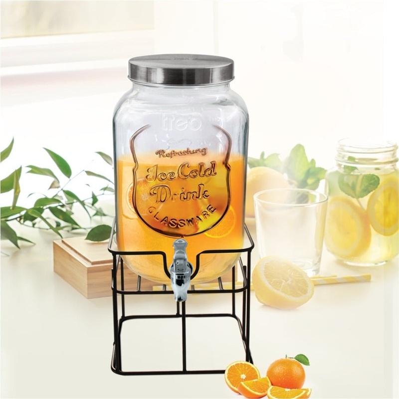 Treo Cask Dispensing Jar With Steel Tap and Iron Stand | Glass | Transparent | 1 Pc