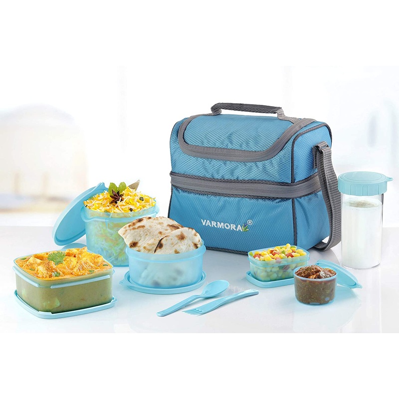 Varmora Classic Lunch Box (Tiffine) 5 Container,Sparkle Buddy 350ml, 1 Nos Spoon & Fork(Cyan Blue)