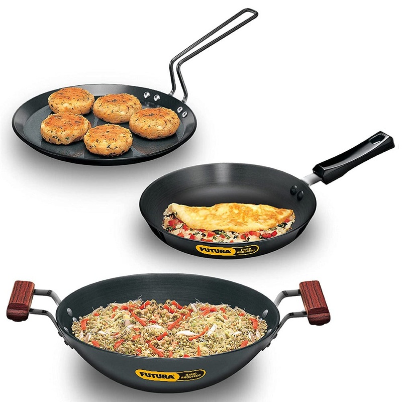 Hawkins Futura Hard Anodised Cookware Set - Flat Tava + Frying Pan + Kadhai | Black | Set of 3 Pcs